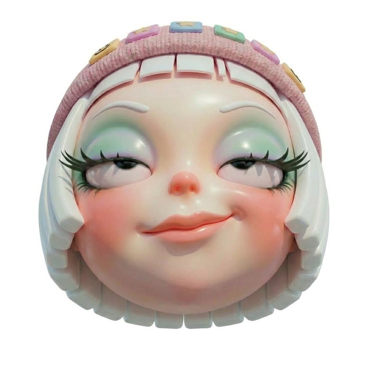 Glossy inflated head with oversized eyes under a knitted cap