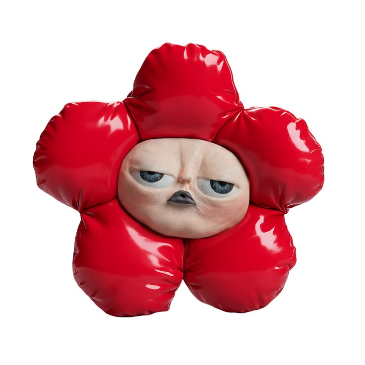 A face set inside a puffed red flower form