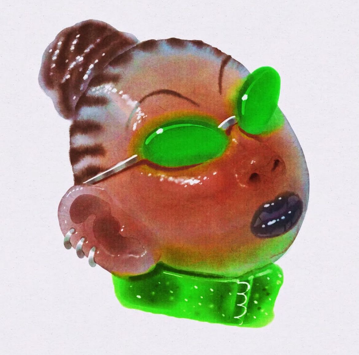 A translucent amber head wearing green shades