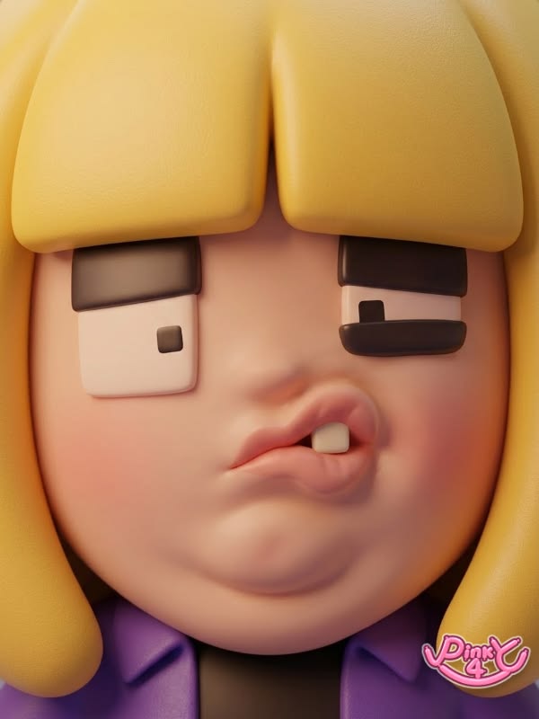 A chunky character with yellow hair and a squashed face